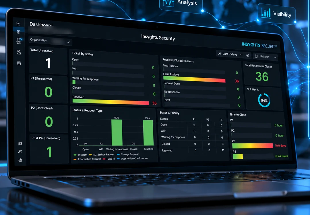 Insyghts Security client dashboard showing tickets by status, resolution reasons, SLA met percentage, status by priority and time to close