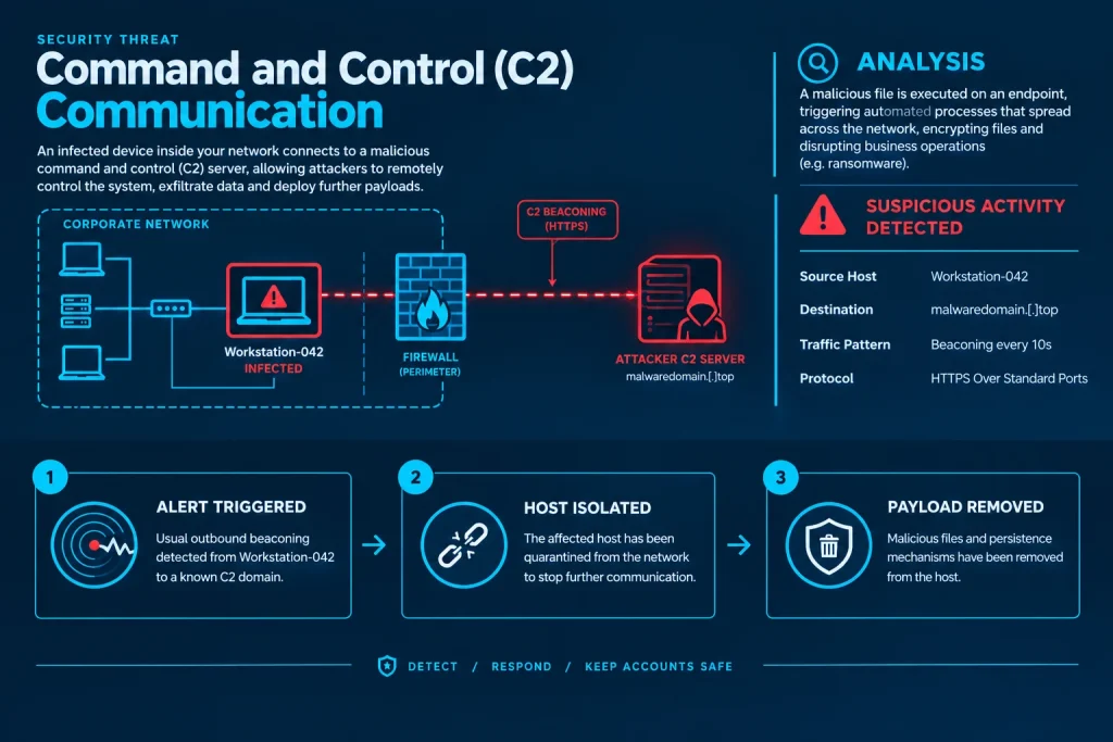 Command and control communication: alert triggered, host isolated, payload removed