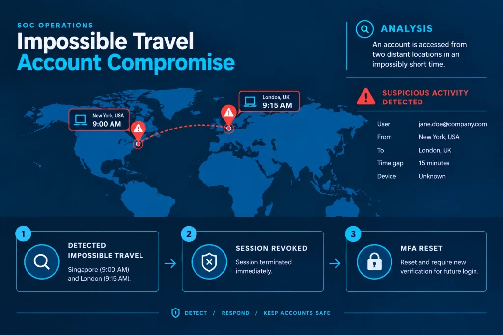 Impossible travel account compromise: detected, session revoked, MFA reset