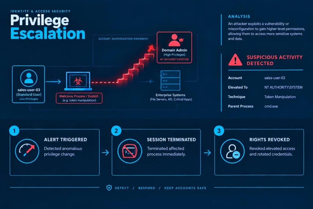 Privilege escalation: alert triggered, session terminated, rights revoked