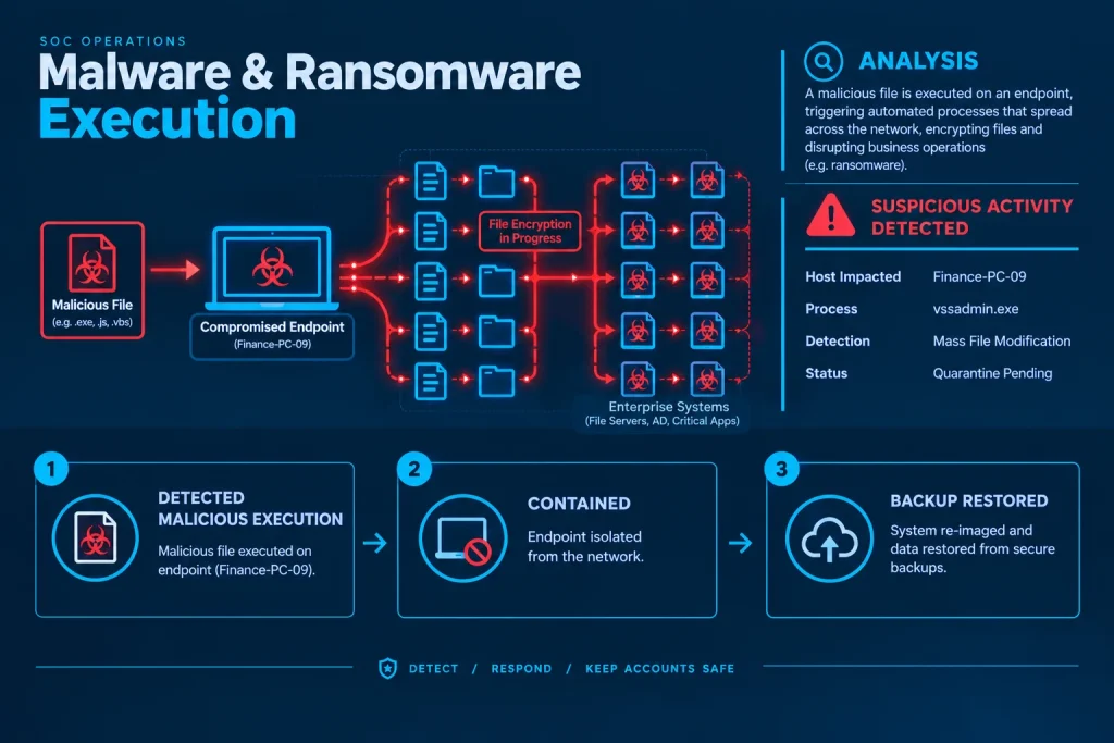 Malware and ransomware execution: detected, contained, backup restored