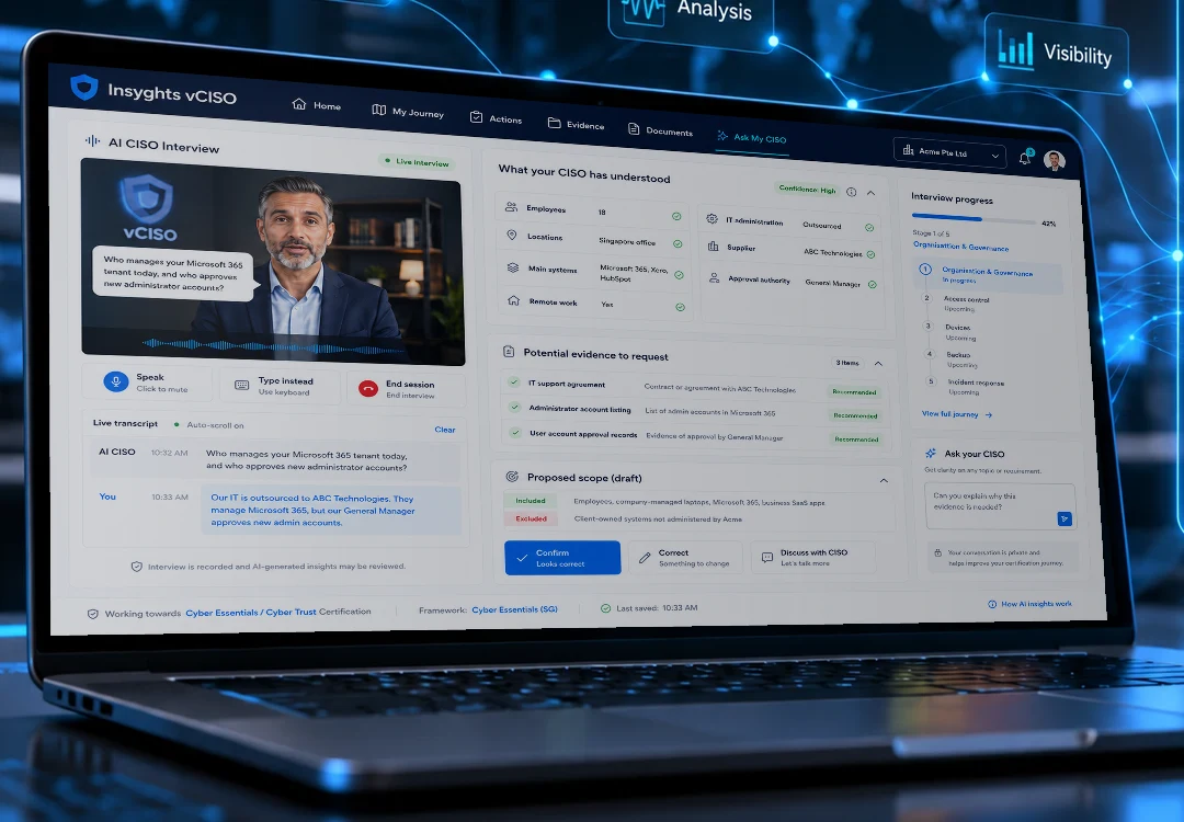 Insyghts vCISO on a laptop: AI CISO interview, what your CISO has understood, evidence to request and interview progress