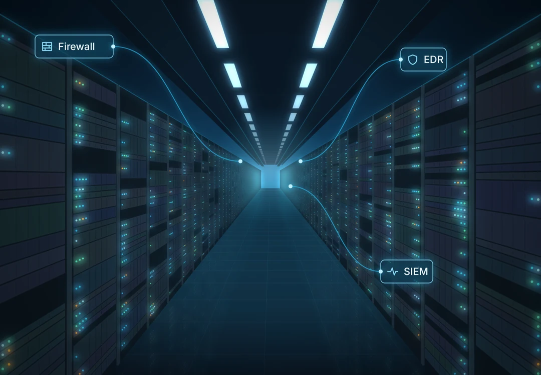 Data centre aisle of server racks with status lights, tagged Firewall, EDR and SIEM